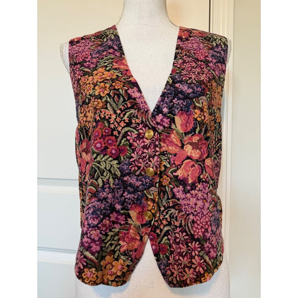 Vintage Floral Button-Up Vest M Vibrant Tapestry Ties in Back Gold Buttons Lined